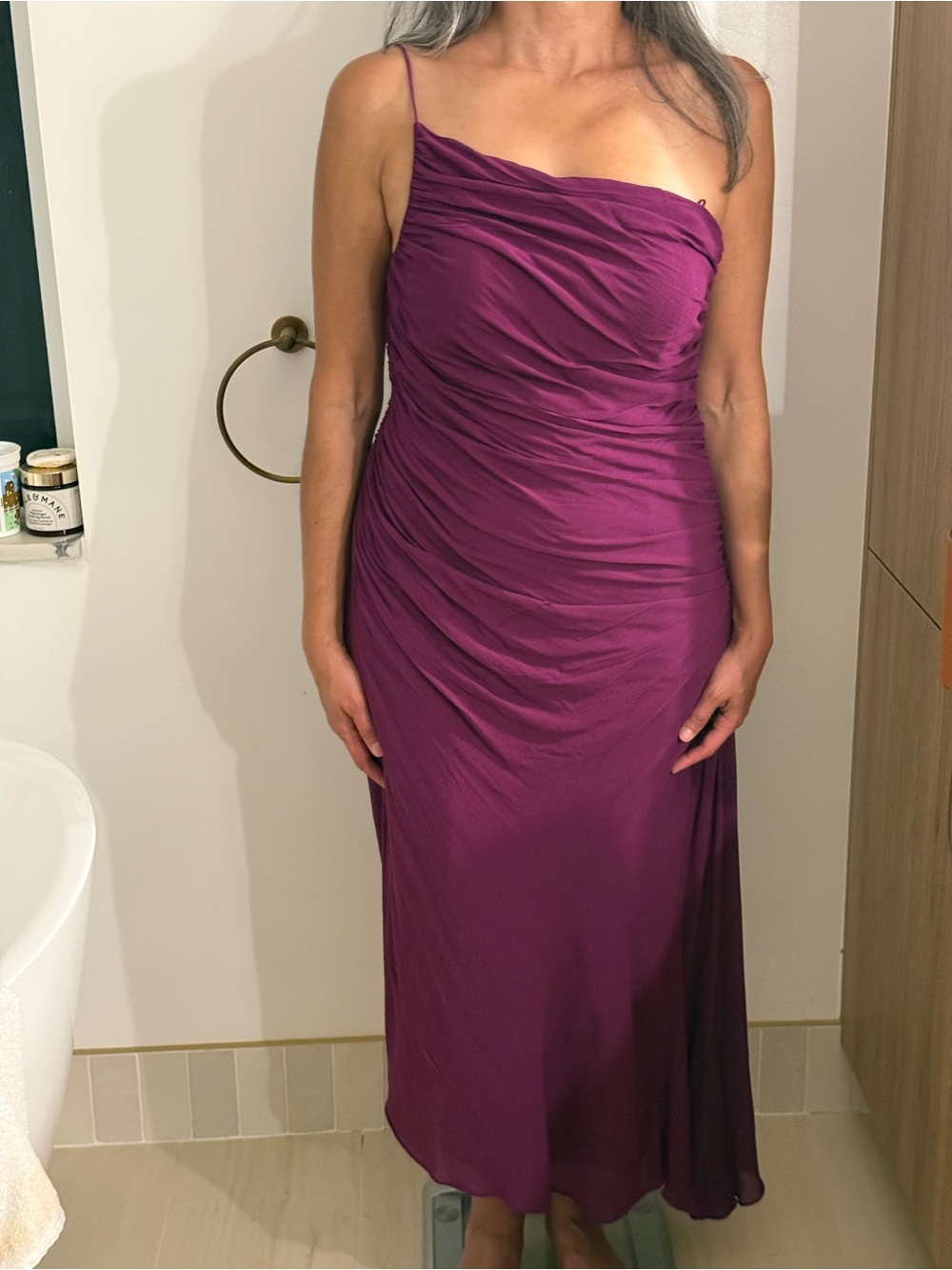 Mango Ruched Satin Slip Dress in Plum